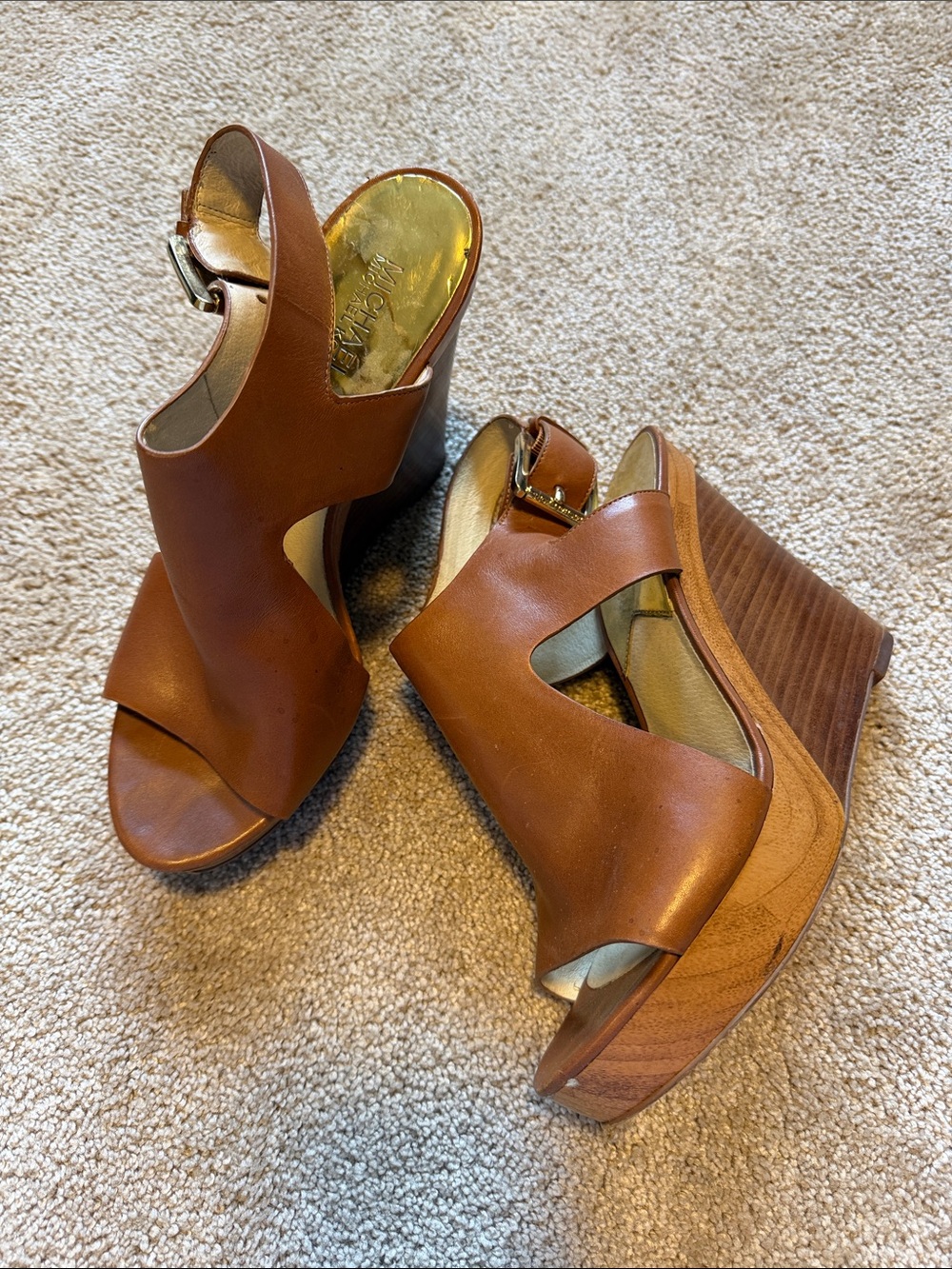 MICHAEL Michael Kors Tan Brown Leather Platform Wedge Sandals